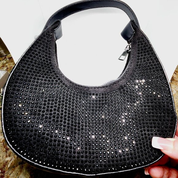 Black Austrian Crystal &Black Faux Leather Tote Bag with adjustable Handle Drop - Picture 1 of 6
